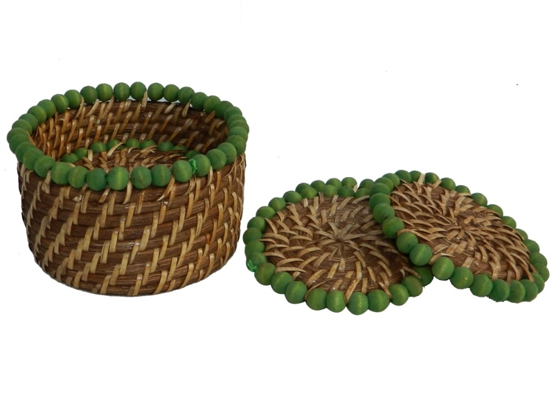 Top-tier Rattan Coaster Set with Green Wooden Beads - Handcrafted Drinkware & Holder